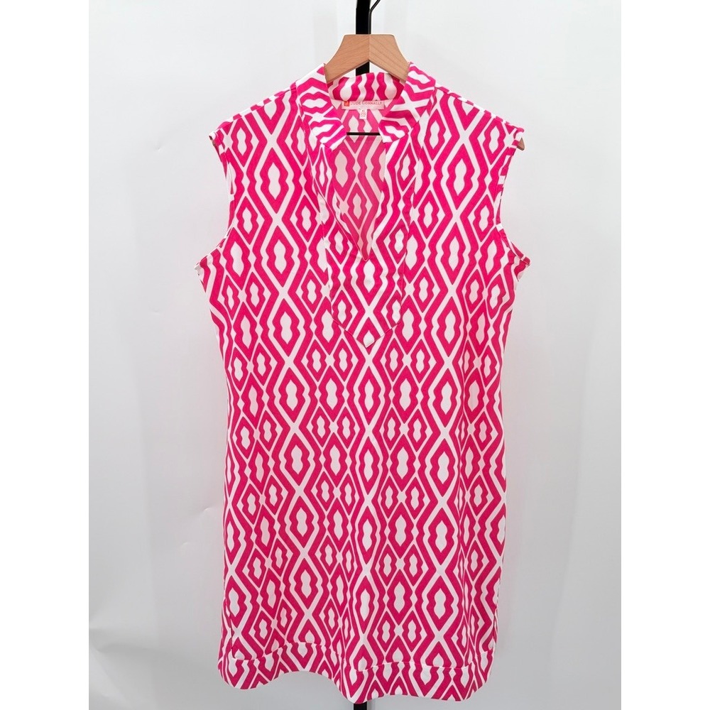 Jude Connally Harlee Pink Geometric Print Stretch Travel Shift Dress Round Neck